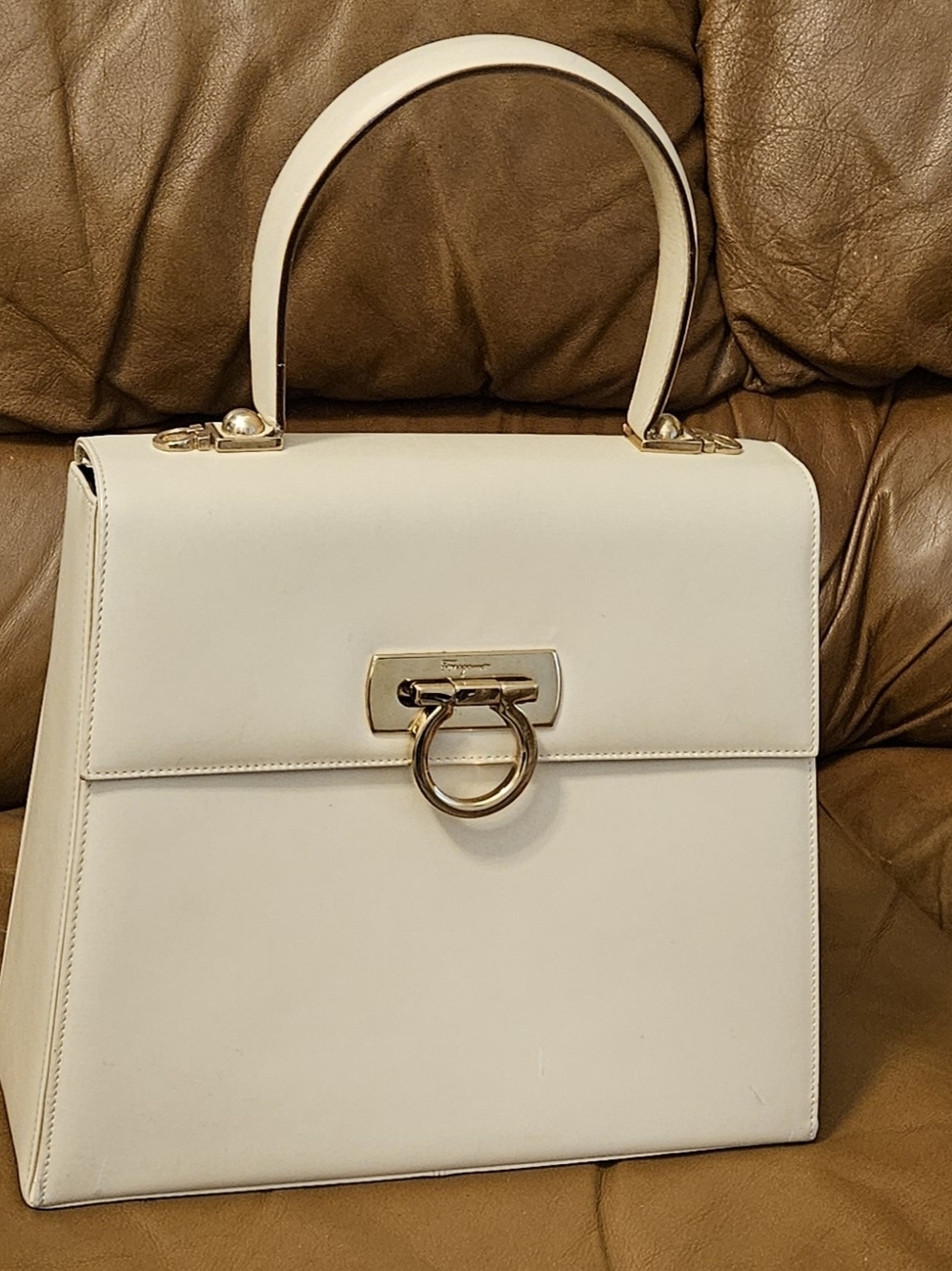 Salvatore Ferragamo Cream Leather Top-Handle Satchel with Gold Hardware - Picture 3 of 16